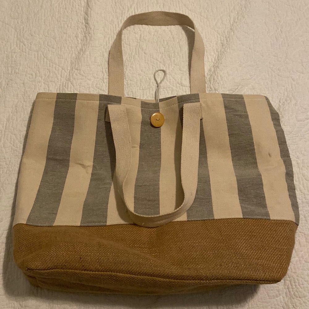 Gray & White Striped and Straw Base Beach Tote Bag Two Straps Button Closure